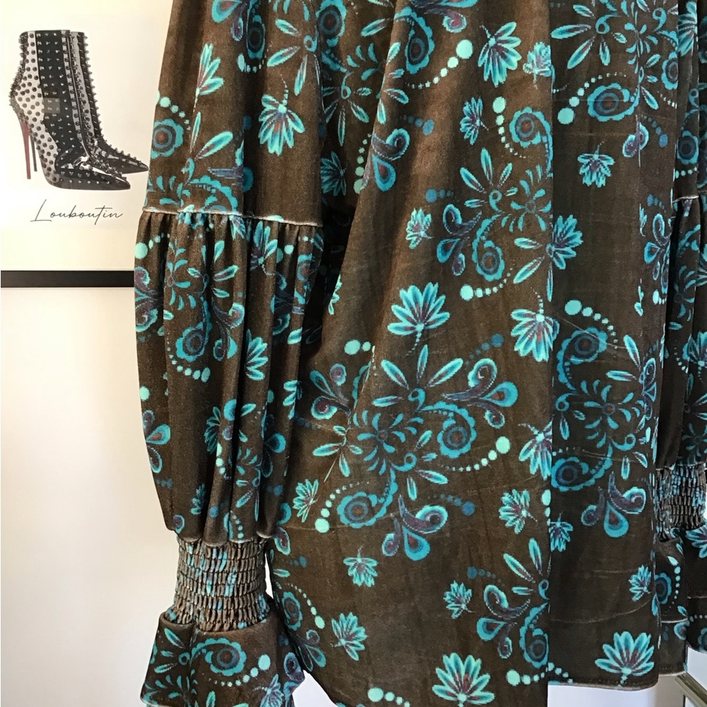Women's Brown Floral Button-Up Blouse with Teal Print - Picture 5 of 5